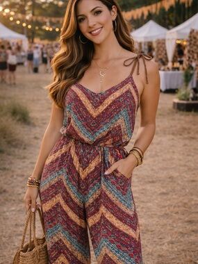 Espresso Chevron Tie-Shoulder Jumpsuit in Burgundy, Gold & Teal